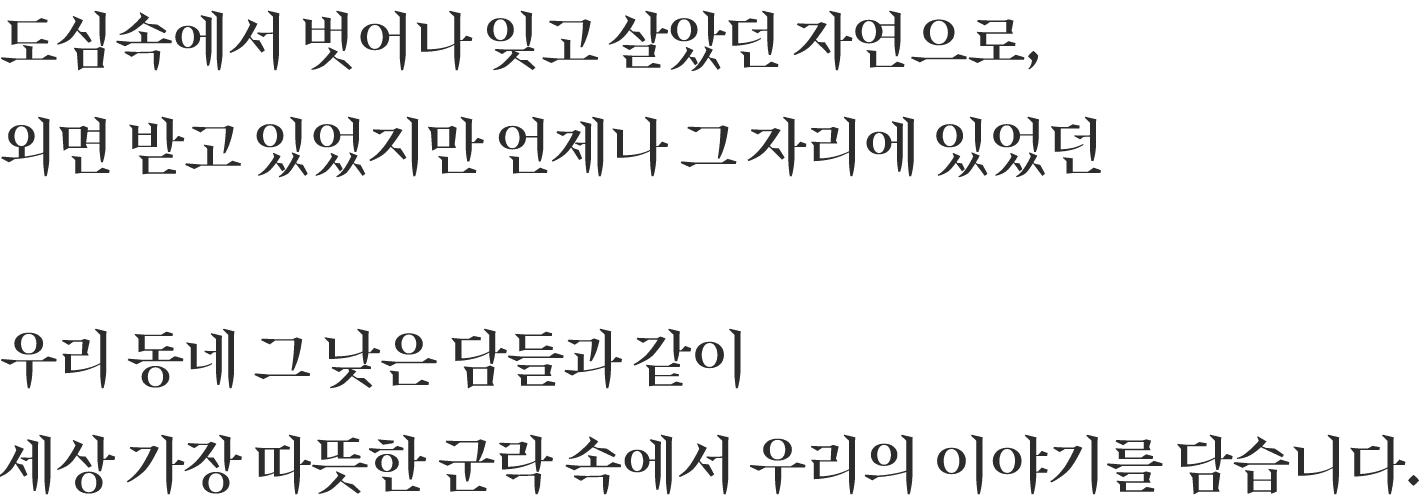 언제나 그 자리에 있었던 우리동네 그 낮은 담들과 같이 세상가장 따뜻한 군락 속에서 우리의 이야기를 담습니다.